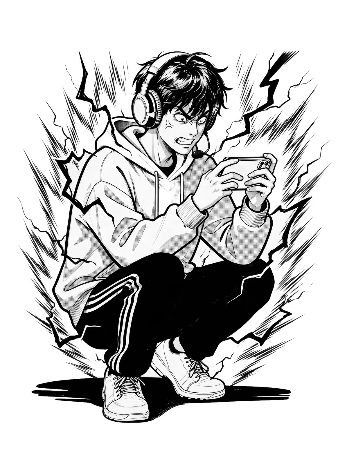 An ink illustration of a player gaming on a phone held sideways