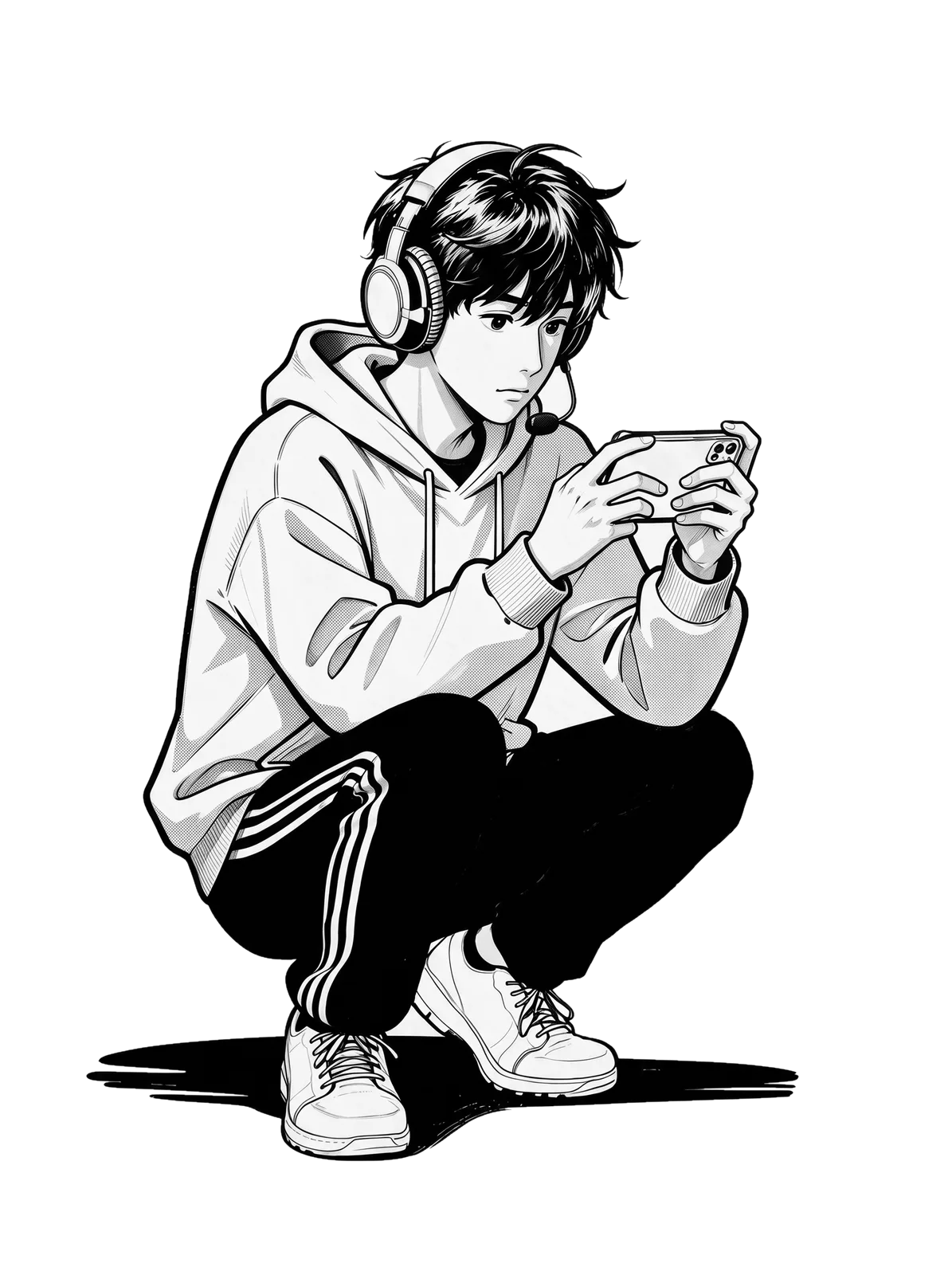 An ink illustration of a player gaming on a phone held sideways